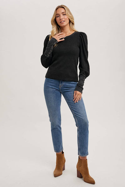 BLUIVY PUFF SLEEVED WAFFLE KNIT PULLOVER