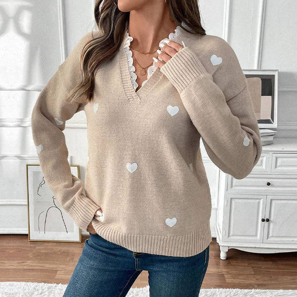 LOVESOFT Valentine's Day V-neck Spliced Lace Pullover Knitted Sweater