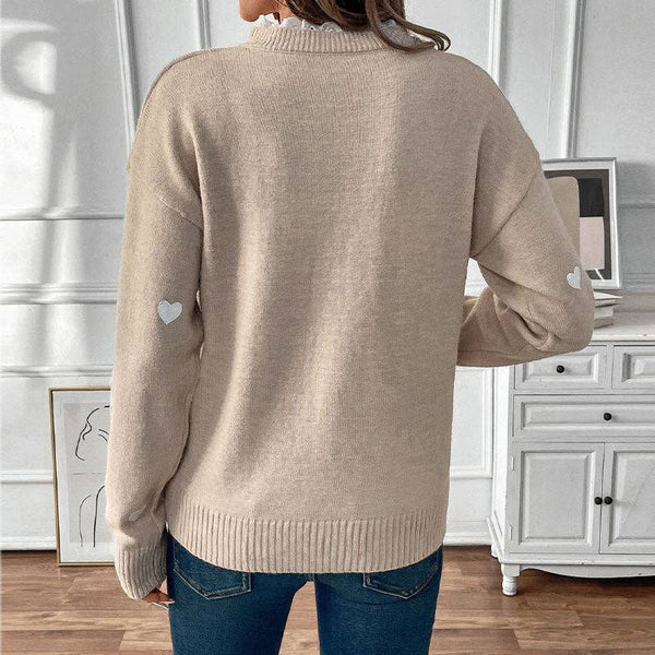 LOVESOFT Valentine's Day V-neck Spliced Lace Pullover Knitted Sweater