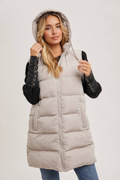BLUIVY HOODED ZIPPER DOWN LONGLINE PUFFER VEST