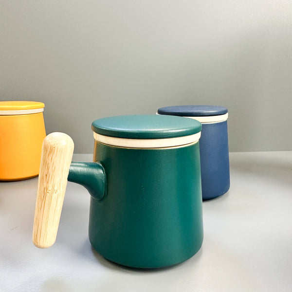Japanese Wave Ceramic Tea Mug with Infuser & Lid