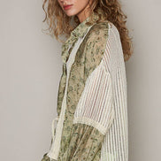 POL Oversize long sleeve floral print crochet button down shirt