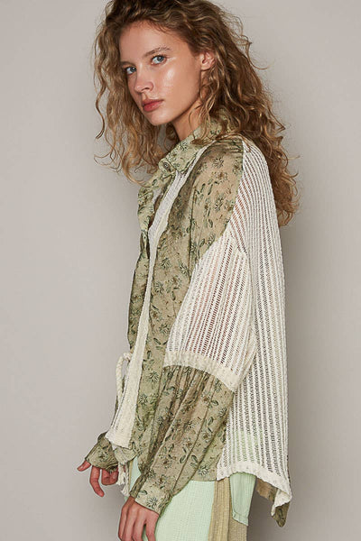 POL Oversize long sleeve floral print crochet button down shirt