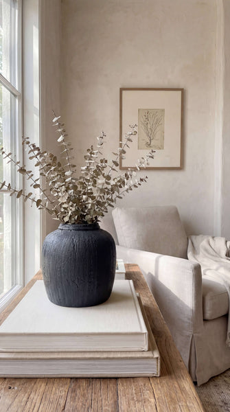 Terracotta Vase, Ribbed Charcoal Finish - Mirella