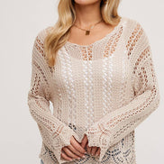 OPEN KNIT V-NECK PULLOVER - Scalloped Hem