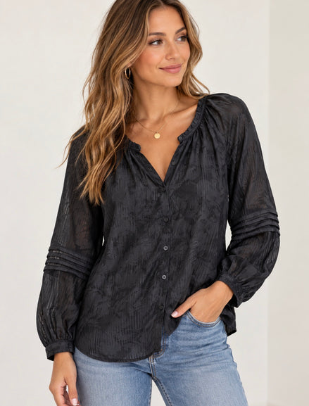 LOVESTITCH 3/4 SLEEVE BUTTON DOWN TOP W/ FRONT PINTUCKS