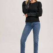 BLUIVY PUFF SLEEVED WAFFLE KNIT PULLOVER