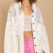 POL Oversize contrast open knit panel detail button down shirt