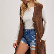 BLUIVY BUTTON DOWN V-NECK TEDDY KNIT LONG LINED VEST