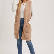 BLUIVY BUTTON DOWN V-NECK TEDDY KNIT LONG LINED VEST