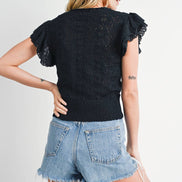 BLUIVY CROCHET BUTTON DOWN RUFFLED SLEEVE TOP