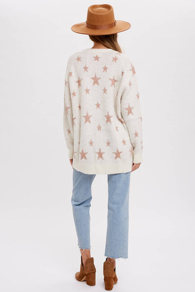 BLUIVY STAR PATTERN BUTTON FRONT CARDIGAN - Dropped Shoulder Design