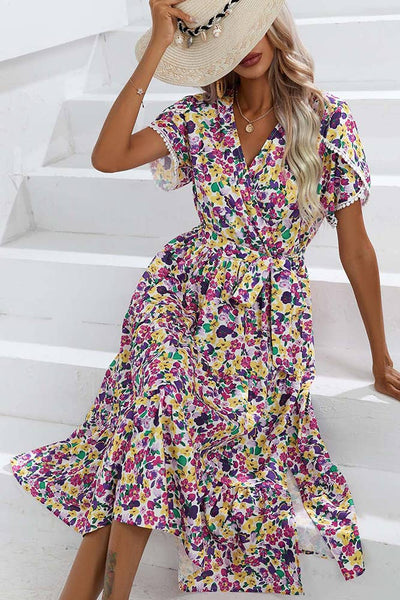 Wrap V Neck Tulip Sleeves Maxi Floral Dress ZZKF1015