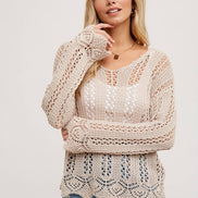 OPEN KNIT V-NECK PULLOVER - Scalloped Hem