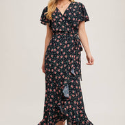FLORAL PRINT RUFFLED HEM WRAP MAXI DRESS