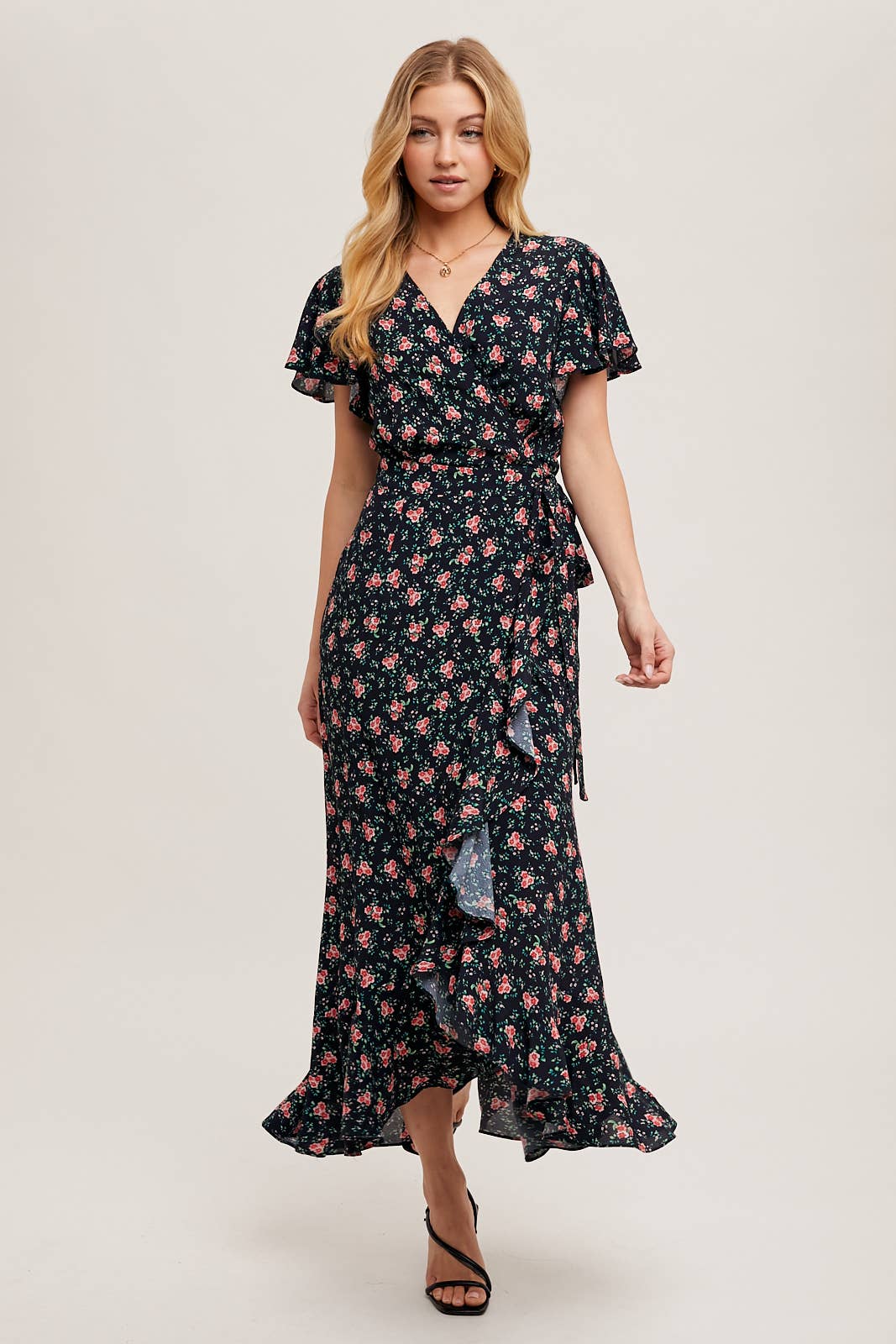 FLORAL PRINT RUFFLED HEM WRAP MAXI DRESS