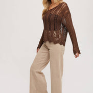 OPEN KNIT V-NECK PULLOVER - Scalloped Hem