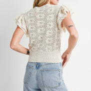 BLUIVY CROCHET BUTTON DOWN RUFFLED SLEEVE TOP