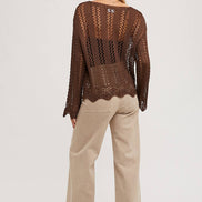 OPEN KNIT V-NECK PULLOVER - Scalloped Hem