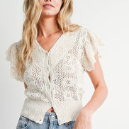 BLUIVY CROCHET BUTTON DOWN RUFFLED SLEEVE TOP