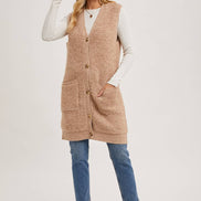 BLUIVY BUTTON DOWN V-NECK TEDDY KNIT LONG LINED VEST