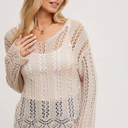 OPEN KNIT V-NECK PULLOVER - Scalloped Hem