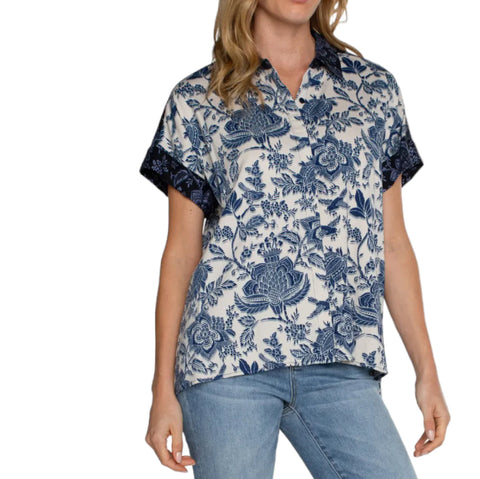 Galaxy Floral Print Short Sleeve Button-Up Shirt