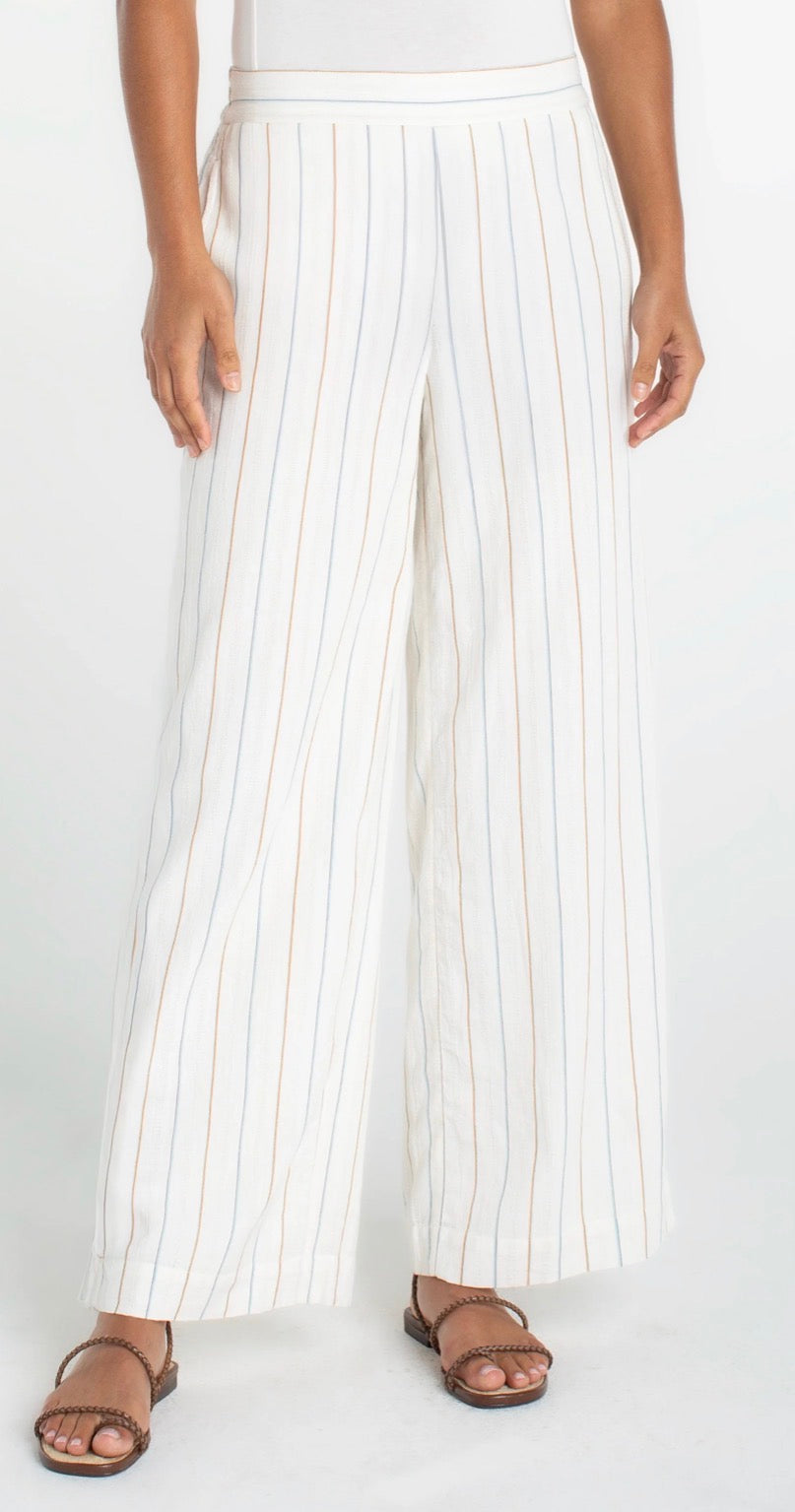 LIVERPOOL PULL ON WIDE LEG WOVEN PANT-CREAM WITH BLUE STRIPE