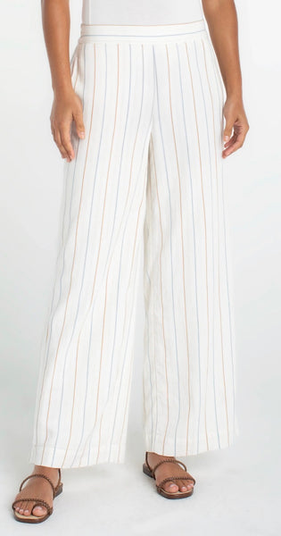LIVERPOOL PULL ON WIDE LEG WOVEN PANT-CREAM WITH BLUE STRIPE