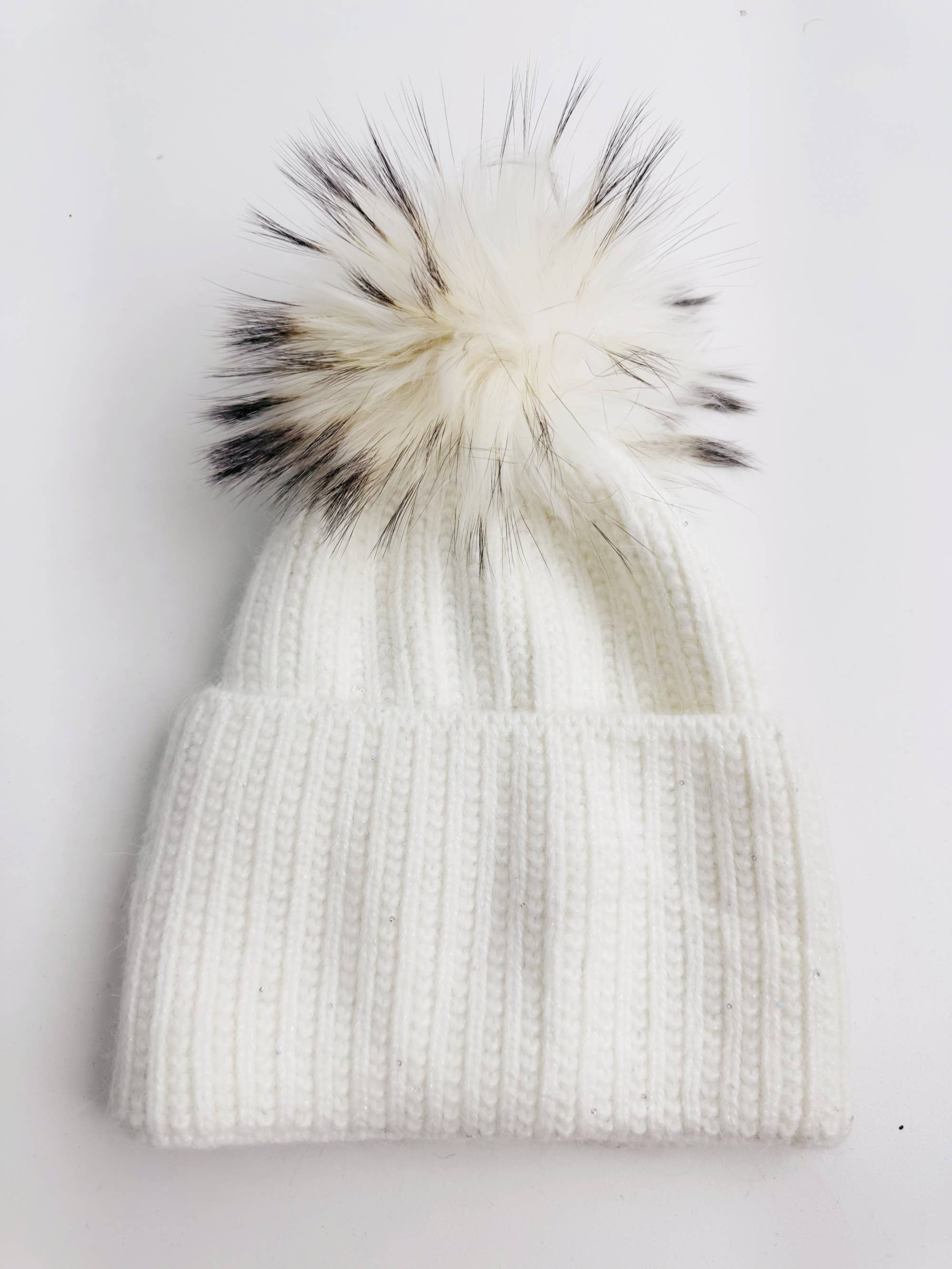 Sequin Knit Beanie with Detachable Faux Fur Pom-Pom