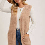 BLUIVY BUTTON DOWN V-NECK TEDDY KNIT LONG LINED VEST