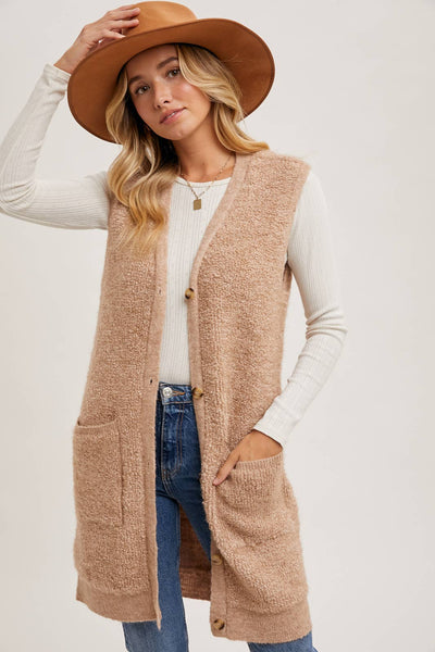 BLUIVY BUTTON DOWN V-NECK TEDDY KNIT LONG LINED VEST