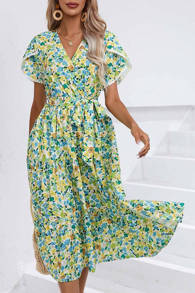 Wrap V Neck Tulip Sleeves Maxi Floral Dress ZZKF1015
