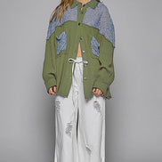 POL Oversize contrast open knit panel detail button down shirt