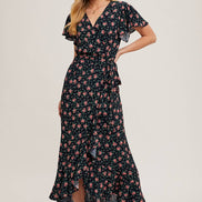 FLORAL PRINT RUFFLED HEM WRAP MAXI DRESS