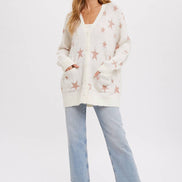 BLUIVY STAR PATTERN BUTTON FRONT CARDIGAN - Dropped Shoulder Design