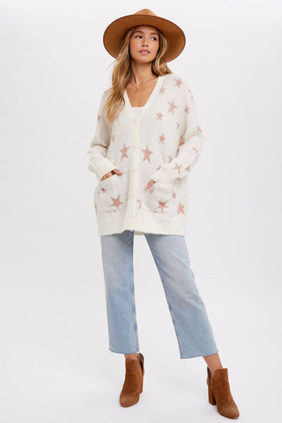 BLUIVY STAR PATTERN BUTTON FRONT CARDIGAN - Dropped Shoulder Design