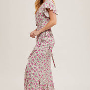 FLORAL PRINT RUFFLED HEM WRAP MAXI DRESS
