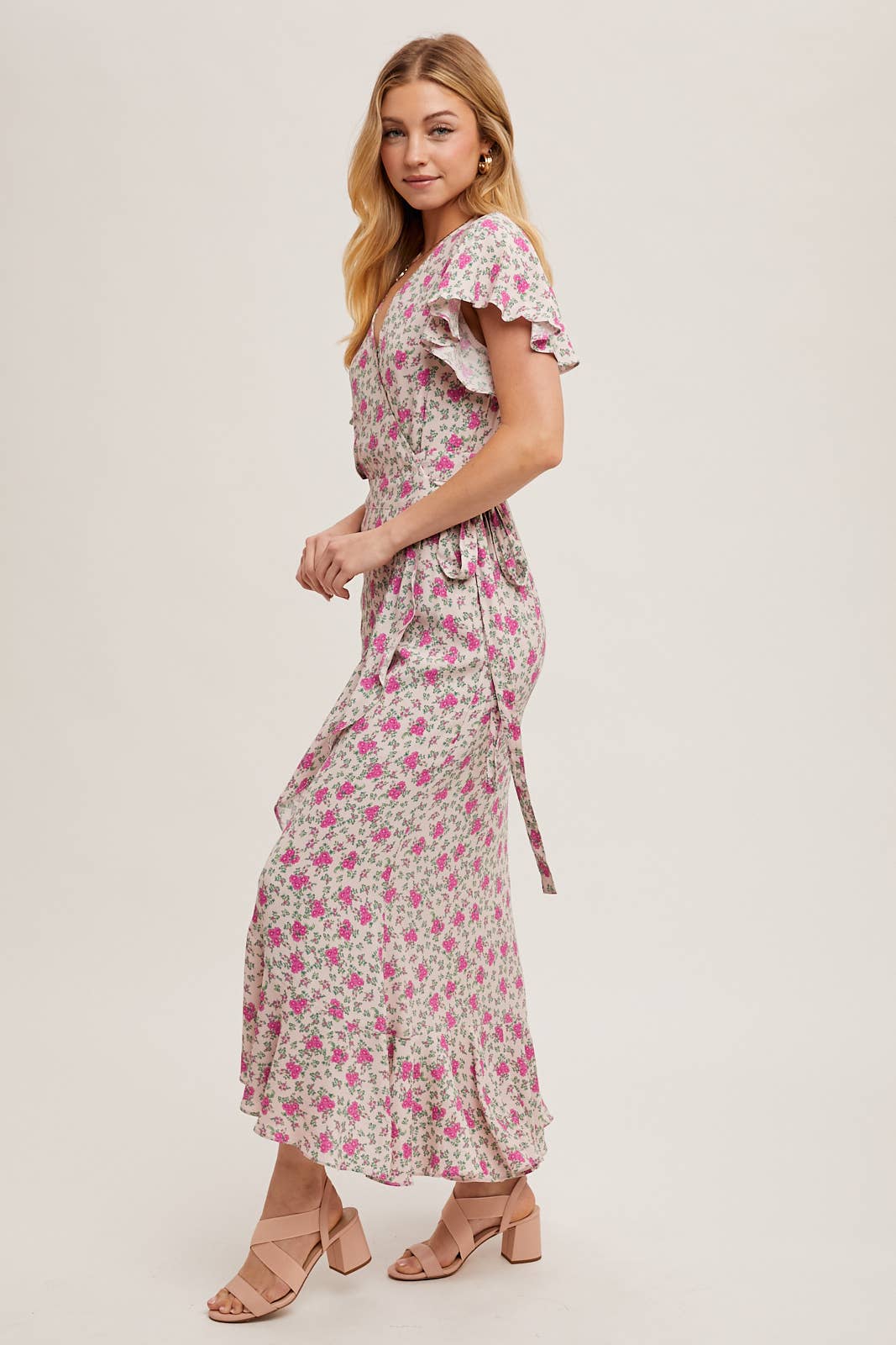 FLORAL PRINT RUFFLED HEM WRAP MAXI DRESS
