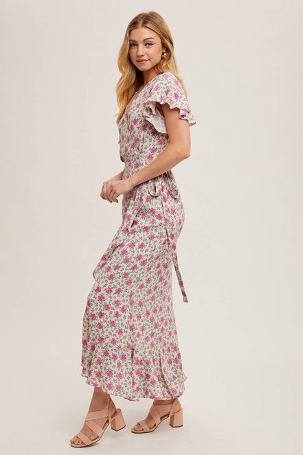 FLORAL PRINT RUFFLED HEM WRAP MAXI DRESS