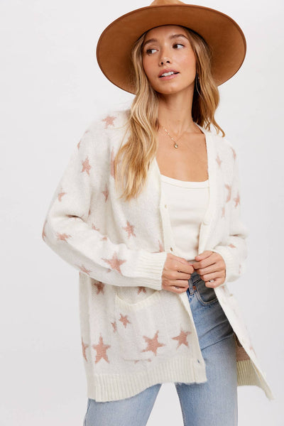 BLUIVY STAR PATTERN BUTTON FRONT CARDIGAN - Dropped Shoulder Design