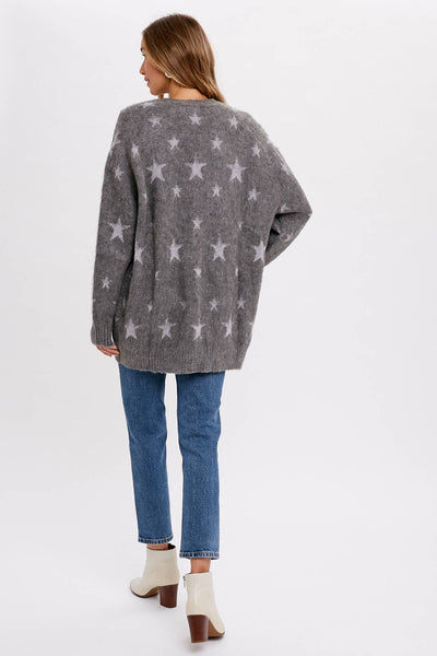 BLUIVY STAR PATTERN BUTTON FRONT CARDIGAN - Dropped Shoulder Design