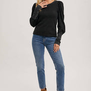 BLUIVY PUFF SLEEVED WAFFLE KNIT PULLOVER