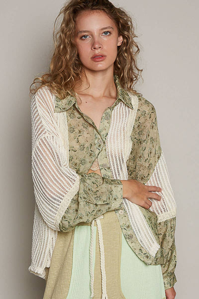 POL Oversize long sleeve floral print crochet button down shirt