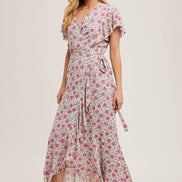 FLORAL PRINT RUFFLED HEM WRAP MAXI DRESS