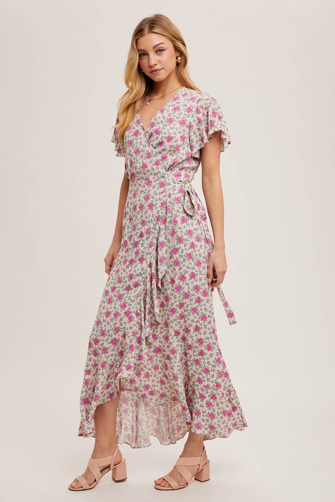 FLORAL PRINT RUFFLED HEM WRAP MAXI DRESS