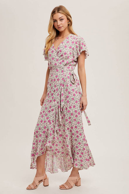 FLORAL PRINT RUFFLED HEM WRAP MAXI DRESS
