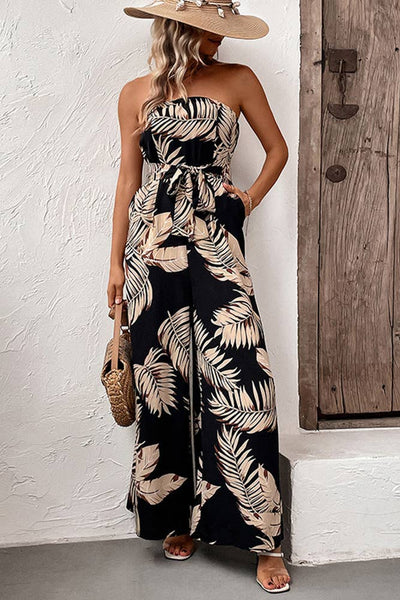 Black Palm Leave Print WIde Leg Jumpsuit