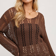 OPEN KNIT V-NECK PULLOVER - Scalloped Hem