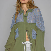 POL Oversize contrast open knit panel detail button down shirt